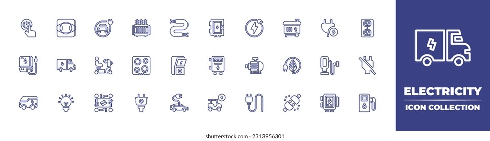 Electricity line icon collection. Editable stroke. Vector illustration. Containing power button, plugin, electric transport, electrical, wire, fuse box, electricity, generator, plug, electric outlet. svg