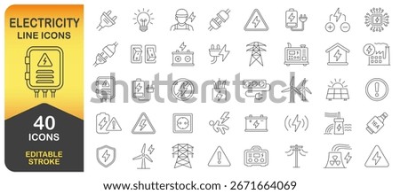 Electricity Line Icon Set With 40 Editable Stroke Designs. Thin Line Icons Collection Featuring Power, Energy, Plugs, Switches, Batteries, Wind Turbines, And Electrical Safety Symbols. Isolated Vector