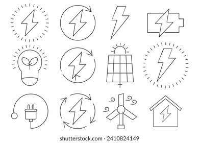 Electricity line icon set. Current, light, tesla, socket, energy, lamp, electron, lightning, wires, light bulb, voltage. Vector icon for business and advertising