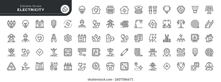 Electricity line icon set. Electric power line, light bulb, cable, wire, voltage and electrical equipment. Outline vector icon in linear style. Series of pictograms.