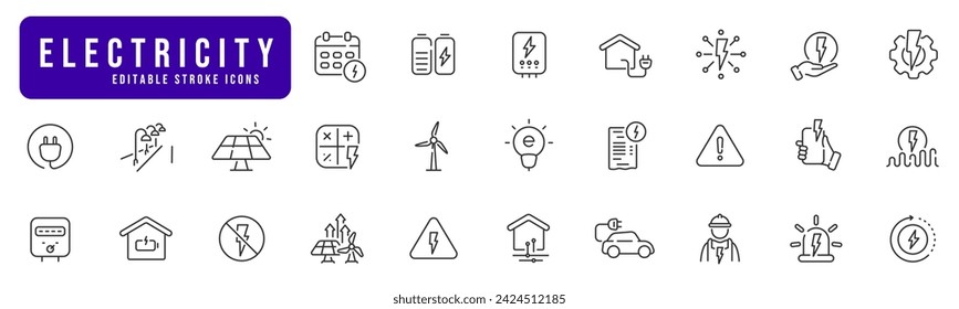 Electricity line icon set. Power, plug, battery, car, warning sign, lamp etc. Editable stroke