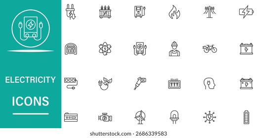 Conjunto de iconos de línea de electricidad. Iconos relacionados con el poder. Incluye iconos como cable, bombilla, lámpara led, medidor de electricidad, cable, interruptor, batería, voltaje, electrificación del hogar y más. Ilustración vectorial.
