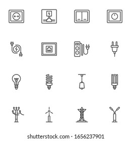 Electricity line icons set. linear style symbols collection, electric light outline signs pack. vector graphics. Set includes icons as Bulb type, energy saving lamp, switch, socket, power transmission