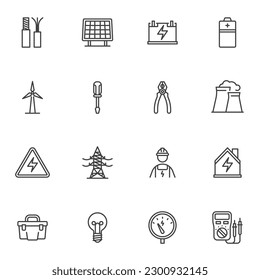 Electricity line icons set, outline vector symbol collection, linear style pictogram pack. Signs, logo illustration. Set includes icons as battery, solar panel, electric tower, multimeter, tool box