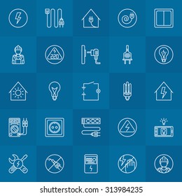 Electricity linear icons - vector home electrical symbols or logo elements in thin line style