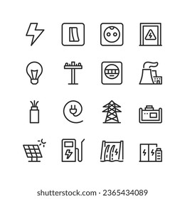 Electricity, linear style icons set. Electricity infrastructure and industry. Electricity lines supply systems. Editable stroke width