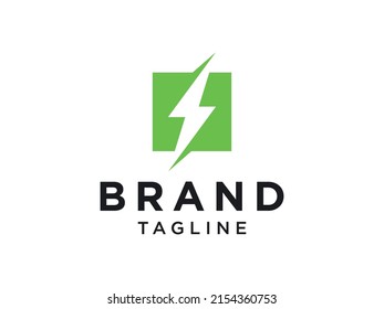 Electricity Logo. Green Thunderbolt Flash Icon with Line Frame isolated on White Background. Use For Business and Technology Logos. Flat Vector Logo Design Template Element.