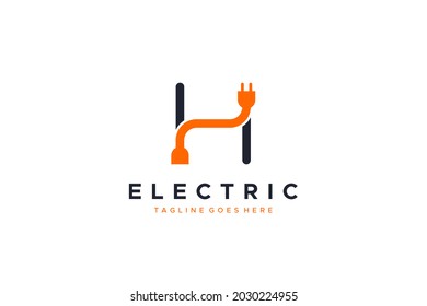 Electricity Logo Line. Simple Initial Letter H with Wire and Plug Icon Combination isolated on White Background. Flat Vector Logo Design Template Element.