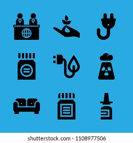 electricity, medicine, plug, nasal spray, radiation, sofa, news reporter, medicine and hand holding a stalk vector icon. Simple icons set