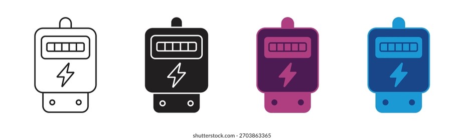 Elektrizitätszähler-Icon-Set mit Stecker und Display. Vektorgrafik einzeln.