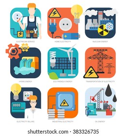 Electricity nuclear hydro oil eco friendly power energy industrial vector icon set. Flat ecology green renewable energy power consumption sustainable development recycling web infographic concept.