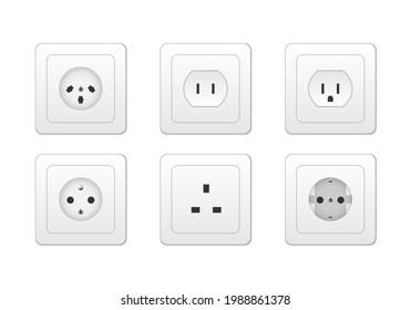 Electricity outlet socket types 3d, vector illustration