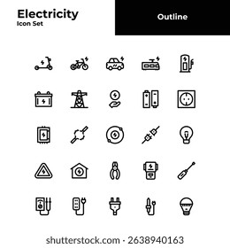 Electricity outline icon set, Electricity black line icon set.

