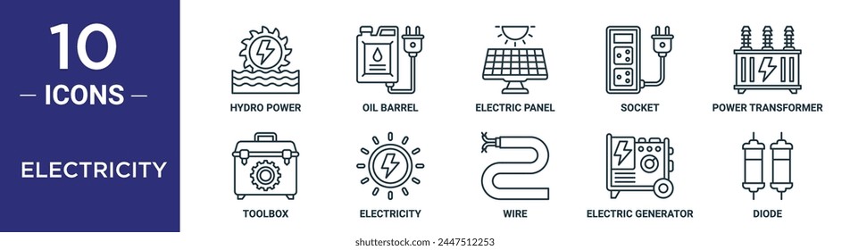electricity outline icon set includes thin line hydro power, oil barrel, electric panel, socket, power transformer, toolbox, electricity icons for report, presentation, diagram, web design