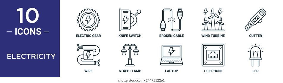 electricity outline icon set includes thin line electric gear, knife switch, broken cable, wind turbine, cutter, wire, street lamp icons for report, presentation, diagram, web design