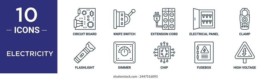 electricity outline icon set includes thin line circuit board, knife switch, extension cord, electrical panel, clamp, flashlight, dimmer icons for report, presentation, diagram, web design