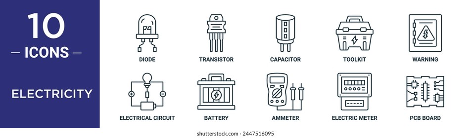 electricity outline icon set includes thin line diode, transistor, capacitor, toolkit, warning, electrical circuit, battery icons for report, presentation, diagram, web design