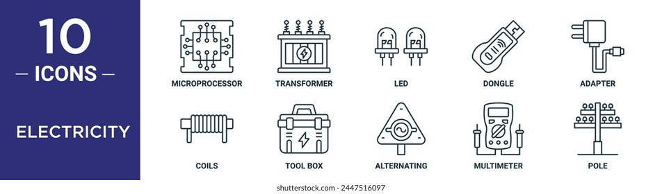 electricity outline icon set includes thin line microprocessor, transformer, led, dongle, adapter, coils, tool box icons for report, presentation, diagram, web design