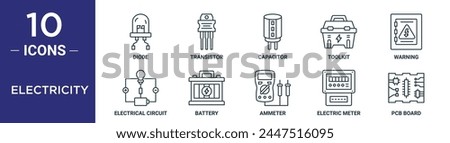 electricity outline icon set includes thin line diode, transistor, capacitor, toolkit, warning, electrical circuit, battery icons for report, presentation, diagram, web design