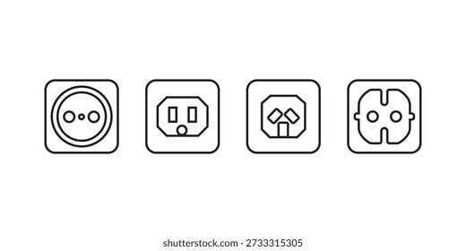 Electricidad. Iconos de contorno de enchufes. Ilustración vectorial