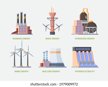 Electricity plant. Power hydro energy industrial building electricity factory station garish vector flat pictures set