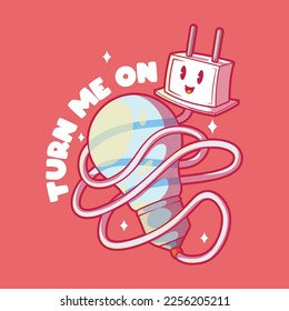 Electricity Plug character connected to a light bulb vector illustration. Energy, power, innovation design concept.