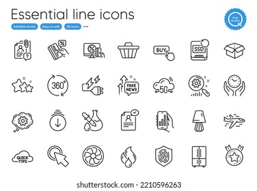 Electricity plug, Click here and Fingerprint line icons. Collection of Fake news, Shop cart, 360 degrees icons. Open box, Ranking star, Scroll down web elements. Airplane, Credit card. Vector