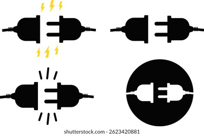 Conjunto de iconos de enchufe de electricidad. Iconos de relámpago Thunderbolt. Concepto de conexión y desconexión con alambre. Señal de enchufe eléctrico. Concepto de tecnología de Recargo de teléfono

