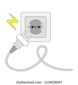 Electricity - plug and socket cartoon cartoon. Outlined illustration with thin line black stroke