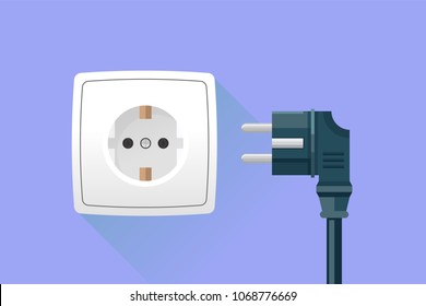 Electricity plug and socket on blue background. Vector illustration in flat style.