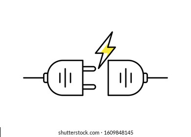 Electricity plug and socket. Outline thin line flat illustration. Isolated on white background. 