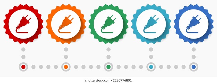 Electricity, plug vector icon set, colorful infographic template, set of flat design badge icons in 5 color options