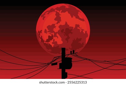 electricity pole silhouette under red moonlight