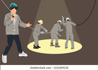 Electricity pole worker team acting cartoon infographic design, isolate background.