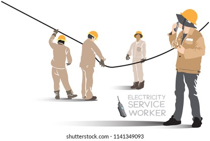 Electricity pole worker vector cartoon infographic, isolate on white background.