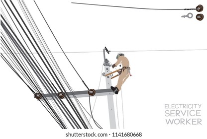 Electricity pole worker vector cartoon infographic, isolate on white background has word the letter font design and clipping path.