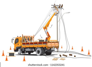 Electricity Poles High Voltage Worker Team With Lift Truck Infographic Cartoon, Isolate On White Background Has Clipping Path.

