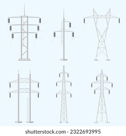 Electricity poles. Metal surface voltage power construction decent vector realistic illustrations