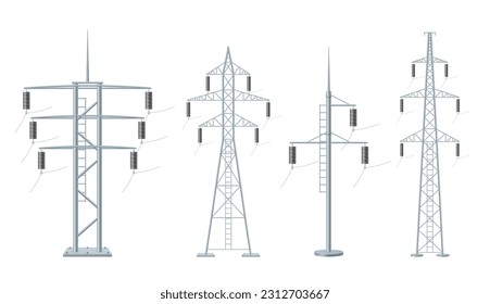 Electricity poles. Power high voltage constructions from metal decent vector realistic templates