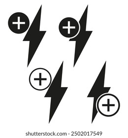 Electricity positive sign. Lightning bolt icon. Energy power symbol. Vector illustration.