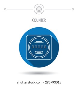 Electricity power counter icon. Measurement sign. Blue flat circle button. Linear icon with shadow. Vector