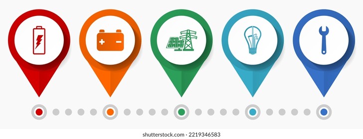Vektorsymbol-Set für Elektrizitäts-, Strom- und Energiekonzept, Flachdesign-Zeiger, Infografik-Vorlage