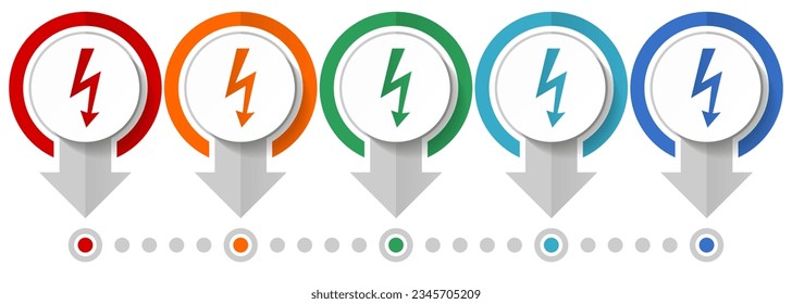 Electricity, power, energy vector icon set, flat design infographic template, set pointer concept icons in 5 color options for webdesign and mobile applications