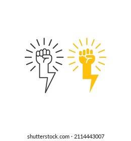 Electricity power, fist hand with thunder bolt. Vector icon template