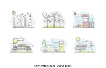 Electricity power generation resources set. Electric energy generation stations vector illustration