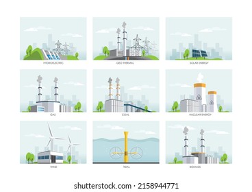 Electricity and power generation sources illustration coal, hydroelectric, coal, solar, wind, nuclear, gas and tidal 