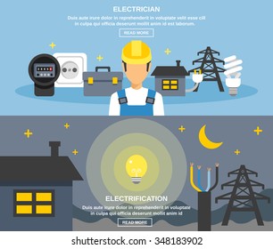 Electricity and power horizontal banners set with electrification symbols flat isolated vector illustration 