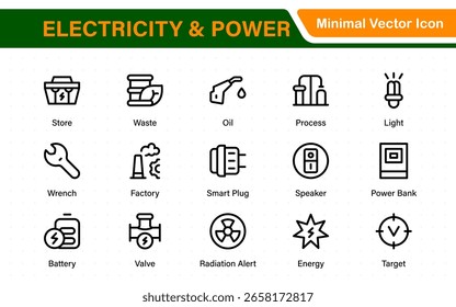 Electricidad y Power Icon Set. Incluye símbolos de electrificación del hogar, cables eléctricos, bombillas, lámparas led, interruptores, tomacorrientes, medidores, tiras de alimentación y cables.
