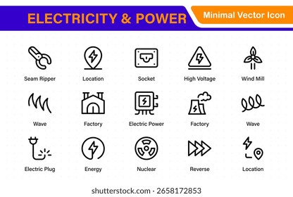 Electricity and Power Icon Set. Includes symbols of home electrification, electric wires, lightbulbs, LED lamps, switches, outlets, meters, power strips, and cords.
