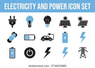 Electricidad y energía icono conjunto con el panel solar del bulbo del enchufe y el coche